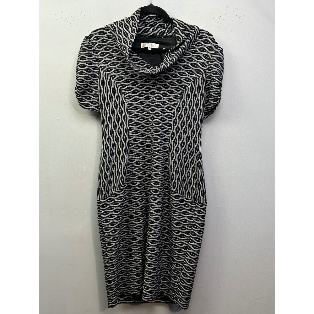 Kasper Dress Womens 8 Black Silver Metallic Cowl Neck Wavy Sheath Short Sleeve